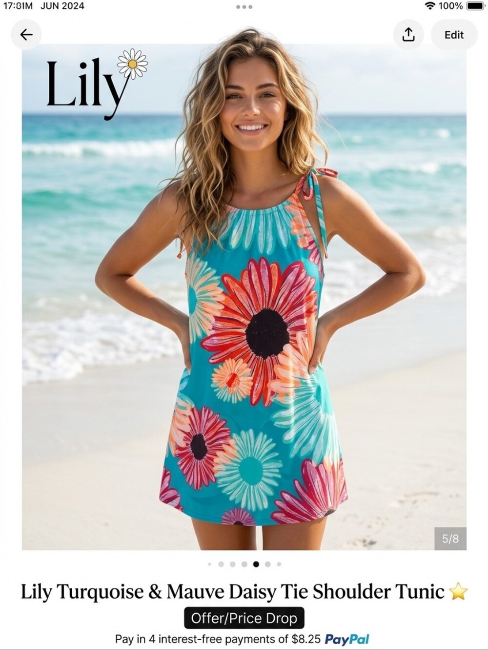 Lily Turquoise & Mauve Daisy Tie Shoulder ⭐Tunic⭐